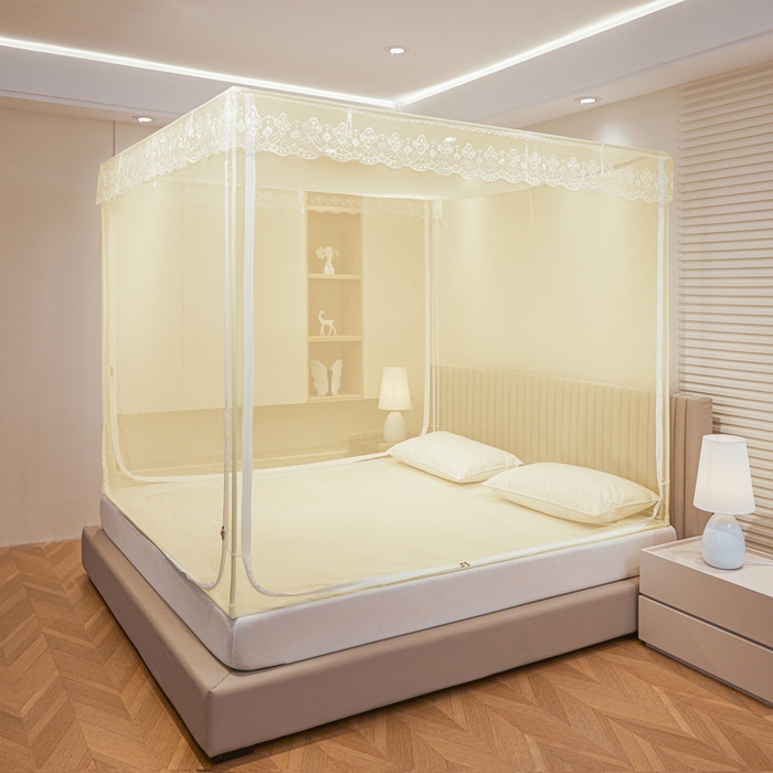 91家纺网 家纺一手货源 找家纺 都市缘蚊帐 2026新款三开门坐床防摔蚊帐二开门拉链方帐1.5m1.8m502坐床蚊帐米黄