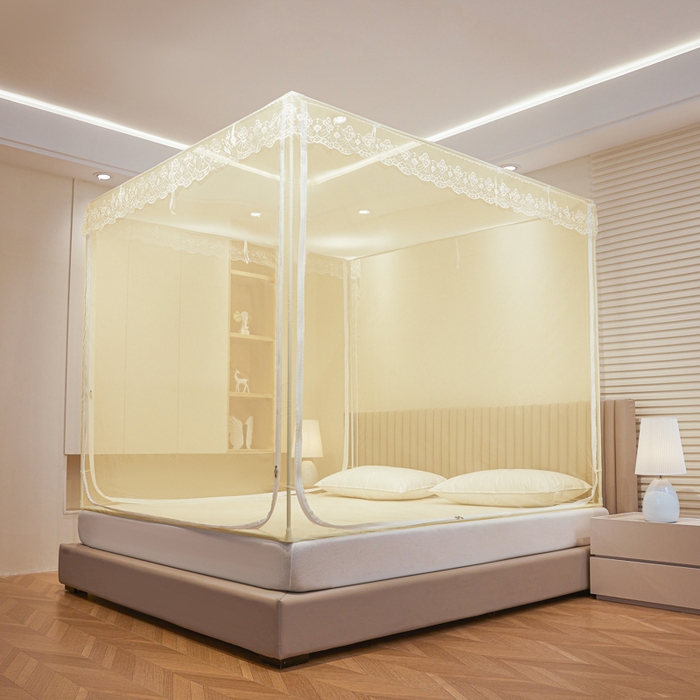 91家纺网 家纺一手货源 找家纺 都市缘蚊帐 2026新款三开门坐床防摔蚊帐二开门拉链方帐1.5m1.8m502坐床蚊帐米黄