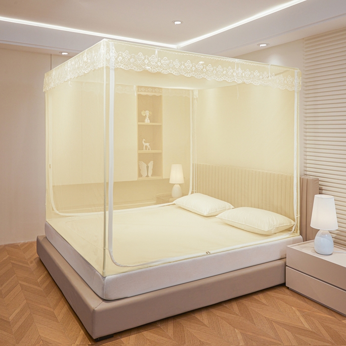 91家纺网 家纺一手货源 找家纺 都市缘蚊帐 2026新款三开门坐床防摔蚊帐二开门拉链方帐1.5m1.8m502坐床蚊帐米黄