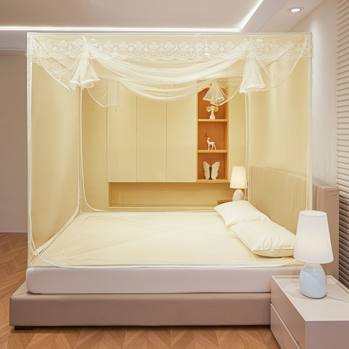 91家纺网 家纺一手货源 找家纺 都市缘蚊帐 2026新款三开门坐床防摔蚊帐二开门拉链方帐1.5m1.8m502坐床蚊帐米黄