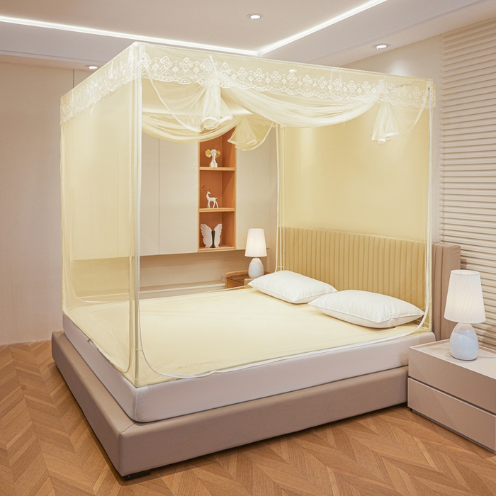 都市缘蚊帐 2026新款三开门坐床防摔蚊帐二开门拉链方帐1.5m1.8m502坐床蚊帐米黄