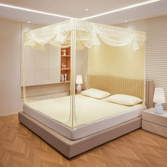 91家纺网 家纺一手货源 找家纺 都市缘蚊帐 2026新款三开门坐床防摔蚊帐二开门拉链方帐1.5m1.8m502坐床蚊帐米黄