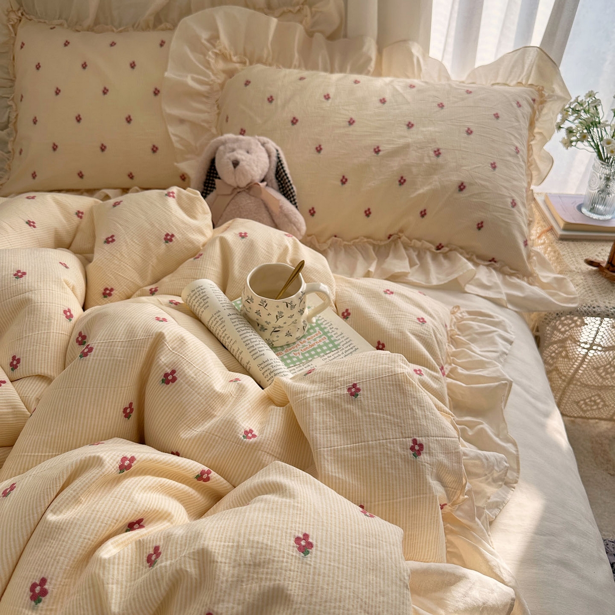 91家纺网 家纺一手货源 找家纺 艾咪-Amy ntmy 2026新款法式花边全棉色织小提花四件套 花边款-蔷薇黄