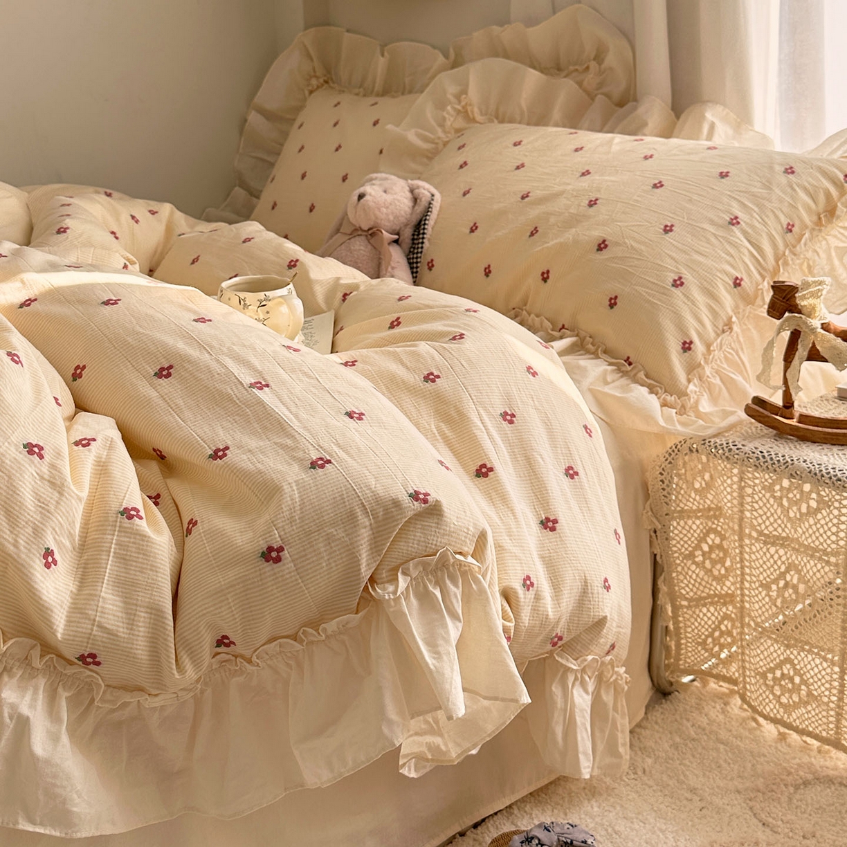 91家纺网 家纺一手货源 找家纺 艾咪-Amy ntmy 2026新款法式花边全棉色织小提花四件套 花边款-蔷薇黄