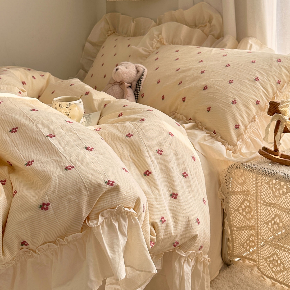 91家纺网 家纺一手货源 找家纺 艾咪-Amy ntmy 2026新款法式花边全棉色织小提花四件套 花边款-蔷薇黄