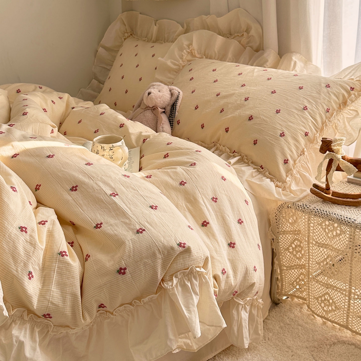 91家纺网 家纺一手货源 找家纺 艾咪-Amy ntmy 2026新款法式花边全棉色织小提花四件套 花边款-蔷薇黄