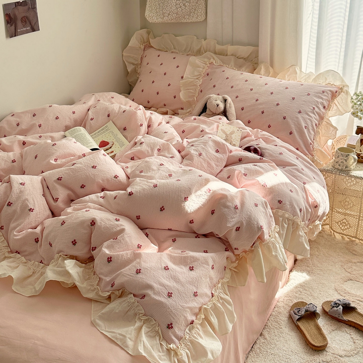 91家纺网 家纺一手货源 找家纺 艾咪-Amy ntmy 2026新款法式花边全棉色织小提花四件套 花边款-蔷薇粉