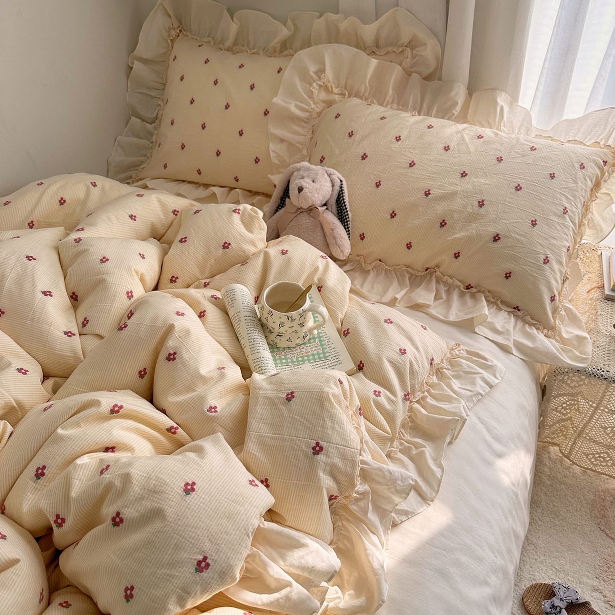 91家纺网 家纺一手货源 找家纺 艾咪-Amy ntmy 2026新款法式花边全棉色织小提花四件套 花边款-蔷薇黄