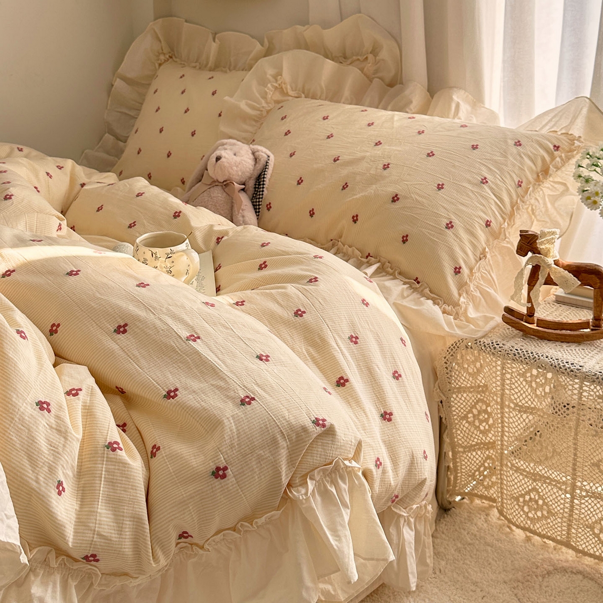 91家纺网 家纺一手货源 找家纺 艾咪-Amy ntmy 2026新款法式花边全棉色织小提花四件套 花边款-蔷薇黄