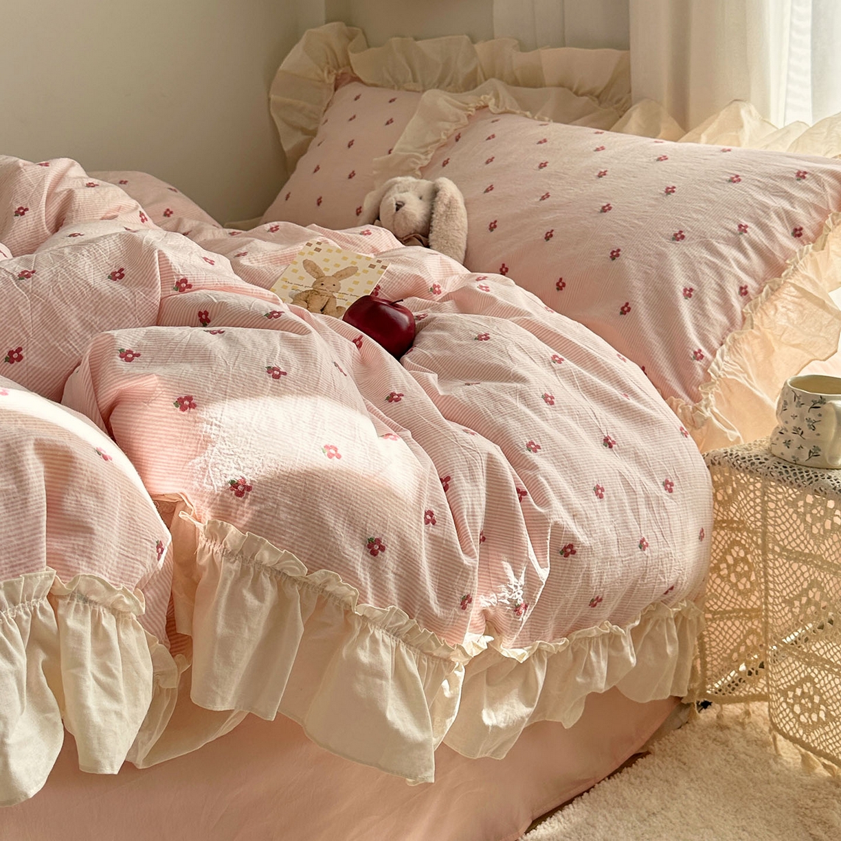 91家纺网 家纺一手货源 找家纺 艾咪-Amy ntmy 2026新款法式花边全棉色织小提花四件套 花边款-蔷薇粉