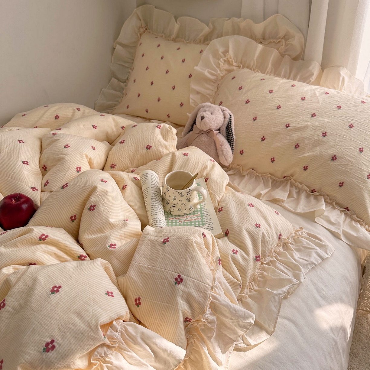 91家纺网 家纺一手货源 找家纺 艾咪-Amy ntmy 2026新款法式花边全棉色织小提花四件套 花边款-蔷薇黄