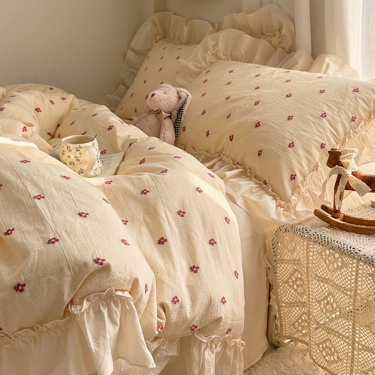 91家纺网 家纺一手货源 找家纺 艾咪-Amy ntmy 2026新款法式花边全棉色织小提花四件套 花边款-蔷薇黄