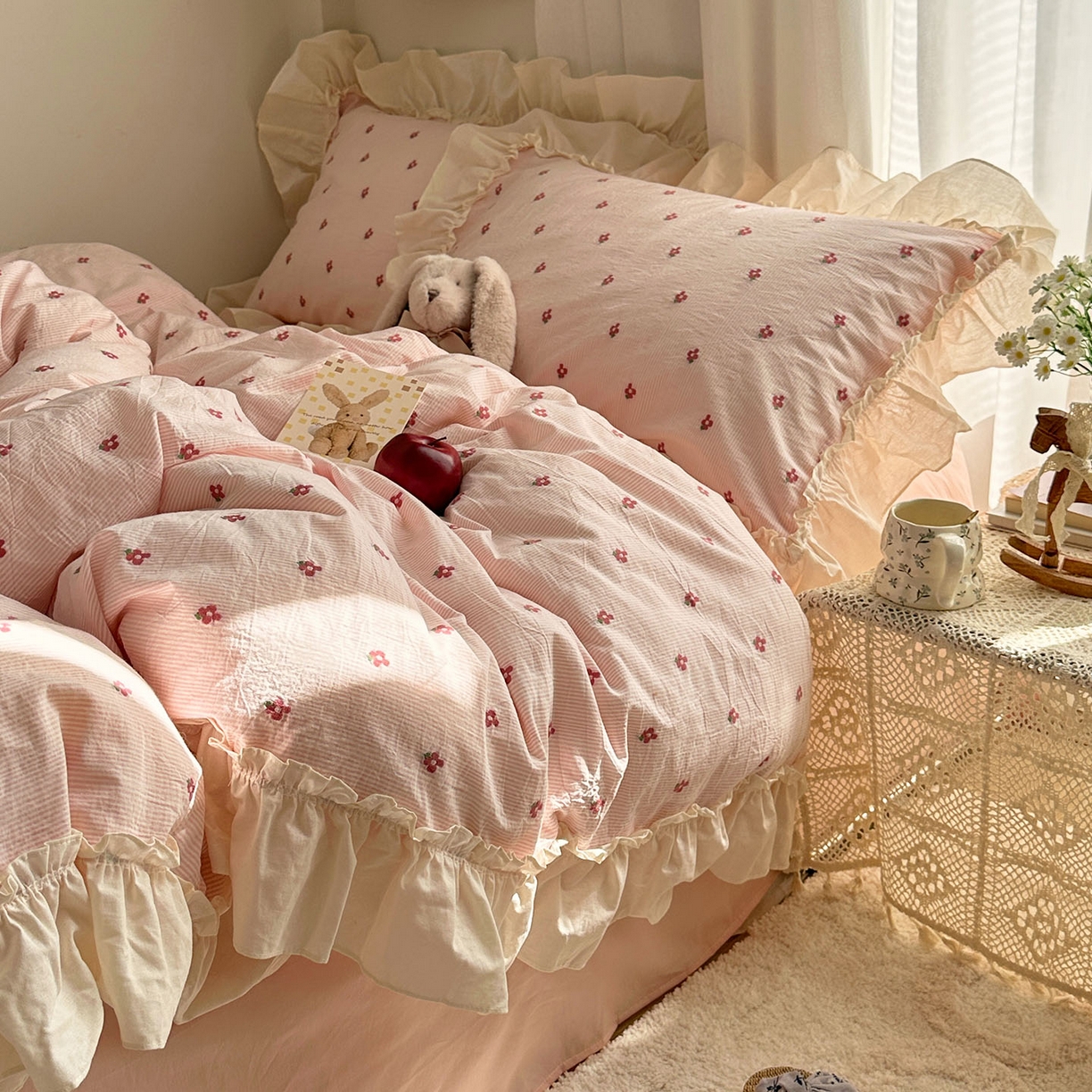 91家纺网 家纺一手货源 找家纺 艾咪-Amy ntmy 2026新款法式花边全棉色织小提花四件套 花边款-蔷薇粉