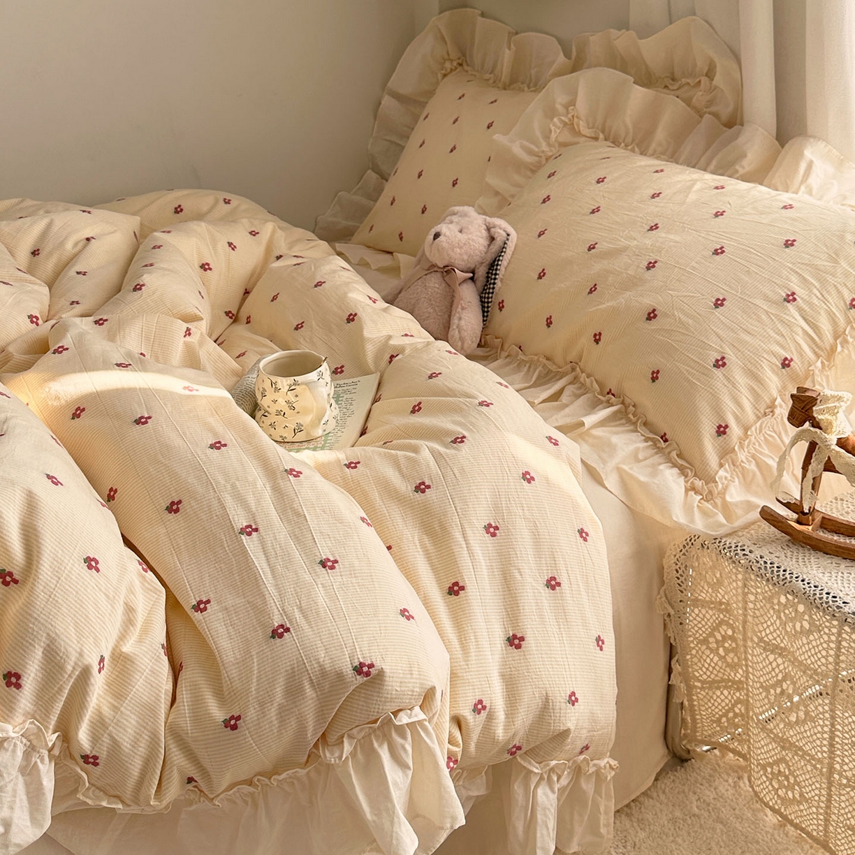 91家纺网 家纺一手货源 找家纺 艾咪-Amy ntmy 2026新款法式花边全棉色织小提花四件套 花边款-蔷薇黄