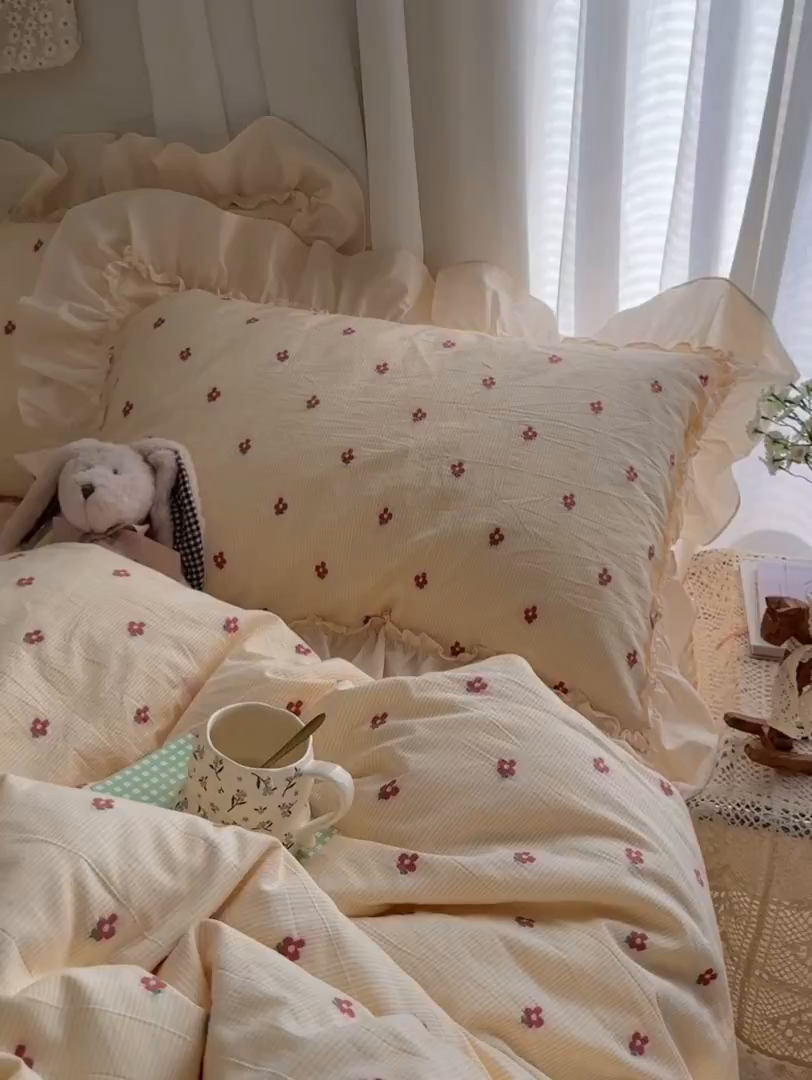 91家纺网 家纺一手货源 找家纺 艾咪-Amy ntmy 2026新款法式花边全棉色织小提花四件套 花边款-蔷薇黄