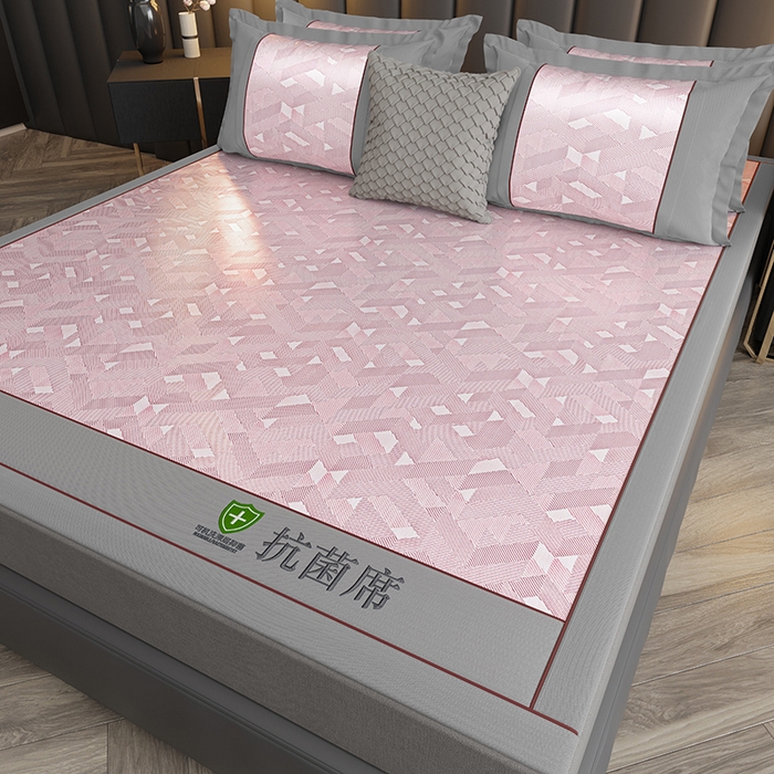 91家纺网 家纺一手货源 找家纺 小牛席业 2026新款A加厚款-可机洗抗菌提花冰丝席 抗菌席-魔幻方格-粉色