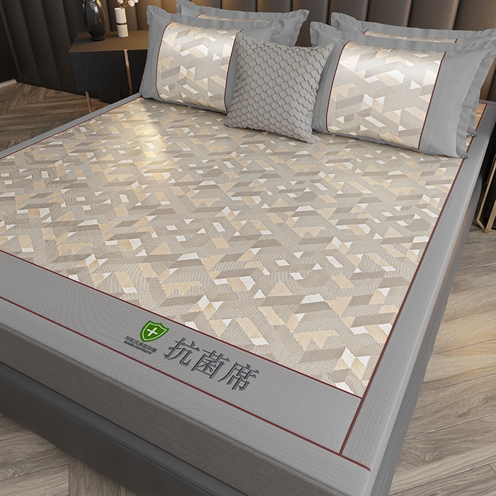 91家纺网 家纺一手货源 找家纺 小牛席业 2026新款A加厚款-可机洗抗菌提花冰丝席 抗菌席-魔幻方格-咖色