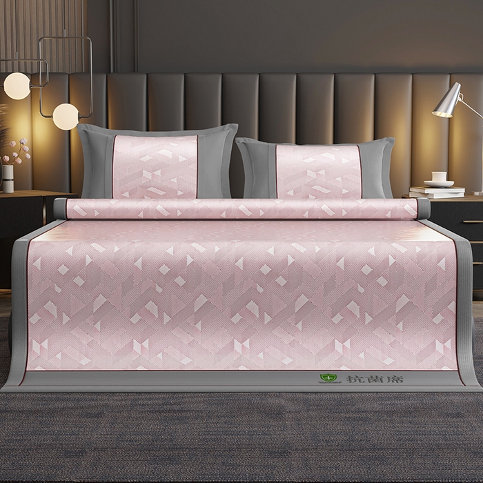 91家纺网 家纺一手货源 找家纺 小牛席业 2026新款A加厚款-可机洗抗菌提花冰丝席 抗菌席-魔幻方格-粉色