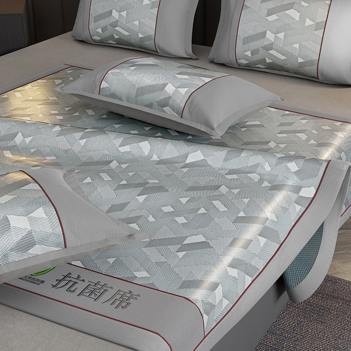 91家纺网 家纺一手货源 找家纺 小牛席业 2026新款A加厚款-可机洗抗菌提花冰丝席 抗菌席-魔幻方格-灰色