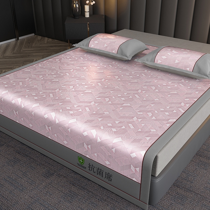 91家纺网 家纺一手货源 找家纺 小牛席业 2026新款A加厚款-可机洗抗菌提花冰丝席 抗菌席-魔幻方格-粉色