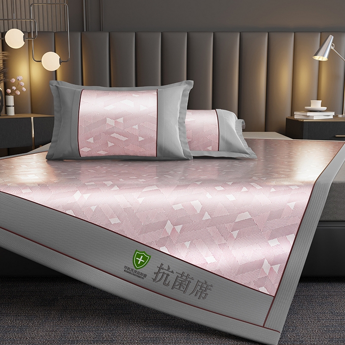 91家纺网 家纺一手货源 找家纺 小牛席业 2026新款A加厚款-可机洗抗菌提花冰丝席 抗菌席-魔幻方格-粉色