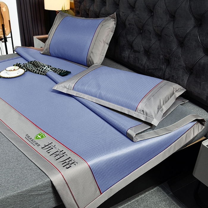 91家纺网 家纺一手货源 找家纺 小牛席业 2026新款A加厚款-可机洗抗菌提花冰丝席 抗菌席-色织蓝色