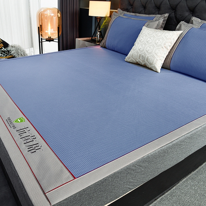 小牛席业 2026新款A加厚款-可机洗抗菌提花冰丝席 抗菌席-色织蓝色