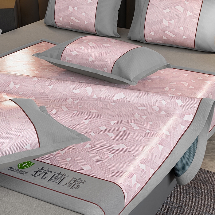 91家纺网 家纺一手货源 找家纺 小牛席业 2026新款A加厚款-可机洗抗菌提花冰丝席 抗菌席-魔幻方格-粉色