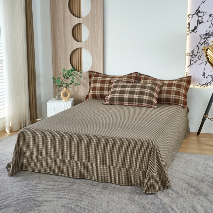 91家纺网 家纺一手货源 找家纺 三沁家居 2025新款格子色织全棉水洗棉四件套直播爆款量大价优 格调雅韵-咖