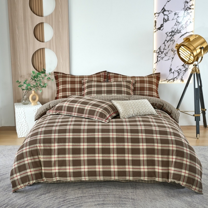 91家纺网 家纺一手货源 找家纺 三沁家居 2025新款格子色织全棉水洗棉四件套直播爆款量大价优 格调雅韵-咖