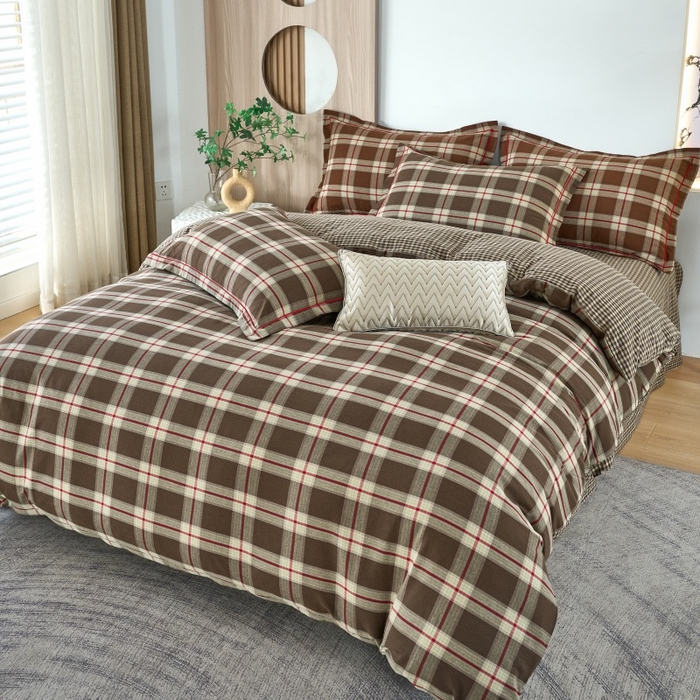 91家纺网 家纺一手货源 找家纺 三沁家居 2025新款格子色织全棉水洗棉四件套直播爆款量大价优 格调雅韵-咖