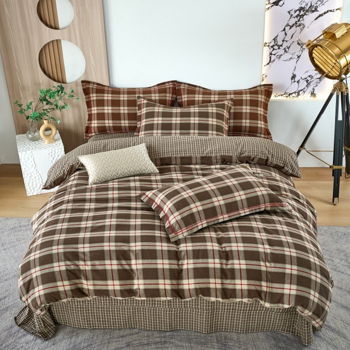 91家纺网 家纺一手货源 找家纺 三沁家居 2025新款格子色织全棉水洗棉四件套直播爆款量大价优 格调雅韵-咖