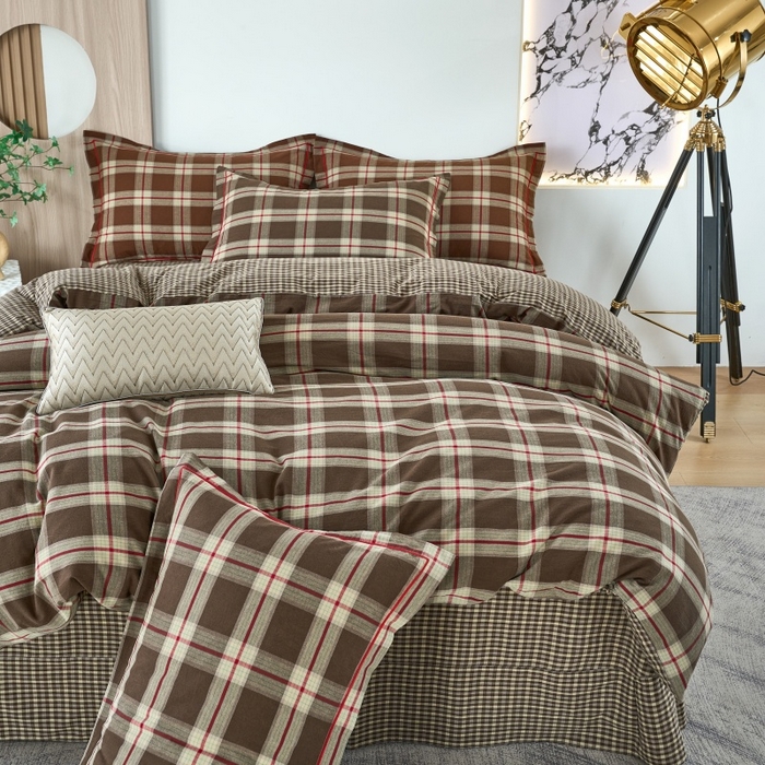 91家纺网 家纺一手货源 找家纺 三沁家居 2025新款格子色织全棉水洗棉四件套直播爆款量大价优 格调雅韵-咖