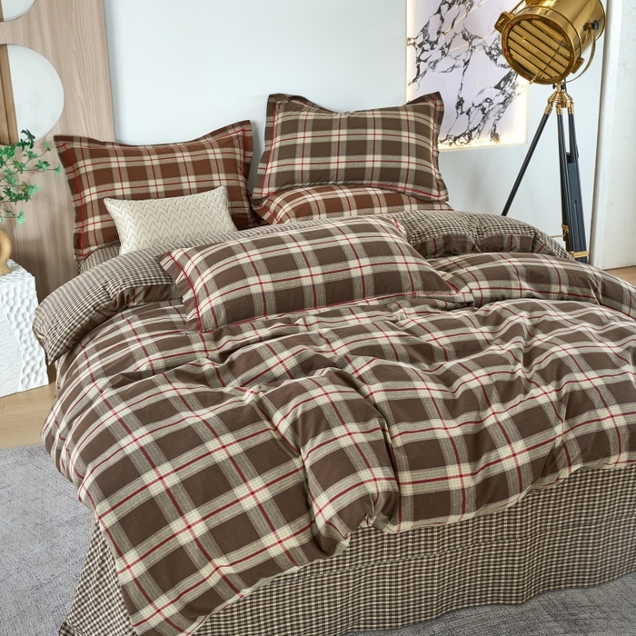 91家纺网 家纺一手货源 找家纺 三沁家居 2025新款格子色织全棉水洗棉四件套直播爆款量大价优 格调雅韵-咖