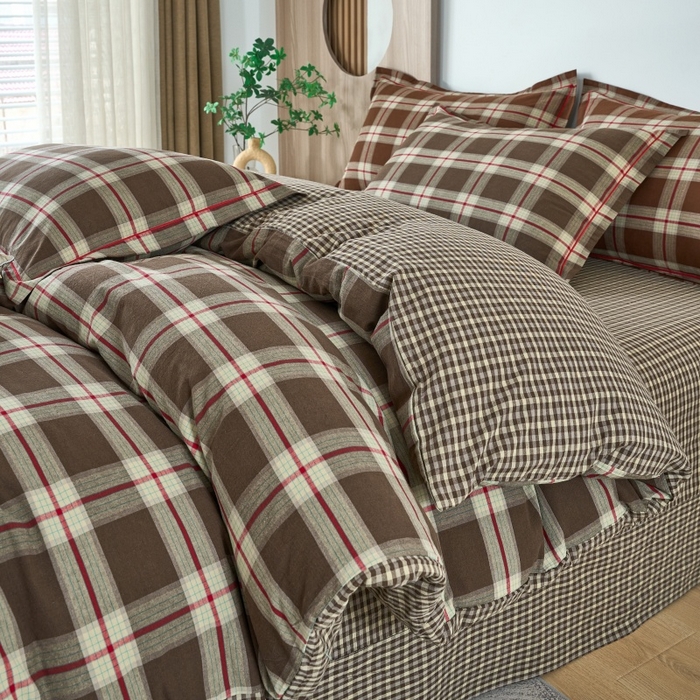 91家纺网 家纺一手货源 找家纺 三沁家居 2025新款格子色织全棉水洗棉四件套直播爆款量大价优 格调雅韵-咖