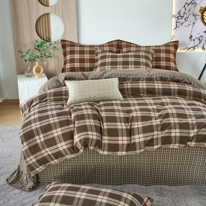 91家纺网 家纺一手货源 找家纺 三沁家居 2025新款格子色织全棉水洗棉四件套直播爆款量大价优 格调雅韵-咖