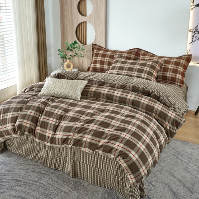 91家纺网 家纺一手货源 找家纺 三沁家居 2025新款格子色织全棉水洗棉四件套直播爆款量大价优 格调雅韵-咖