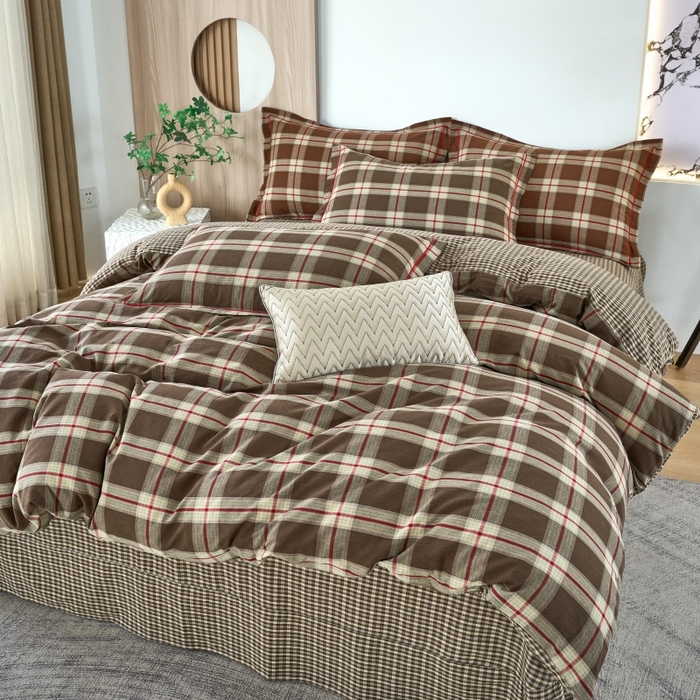 91家纺网 家纺一手货源 找家纺 三沁家居 2025新款格子色织全棉水洗棉四件套直播爆款量大价优 格调雅韵-咖