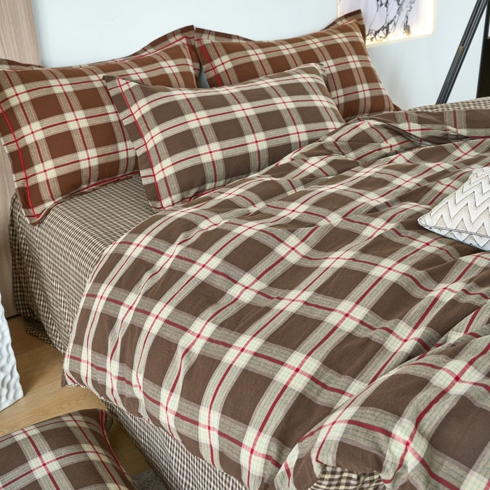 91家纺网 家纺一手货源 找家纺 三沁家居 2025新款格子色织全棉水洗棉四件套直播爆款量大价优 格调雅韵-咖