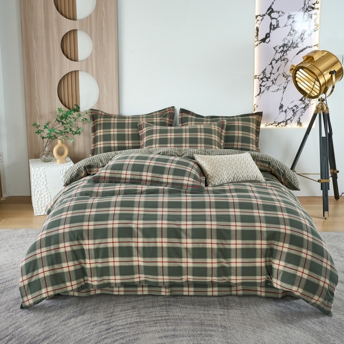 91家纺网 家纺一手货源 找家纺 三沁家居 2025新款格子色织全棉水洗棉四件套直播爆款量大价优 格调雅韵-绿