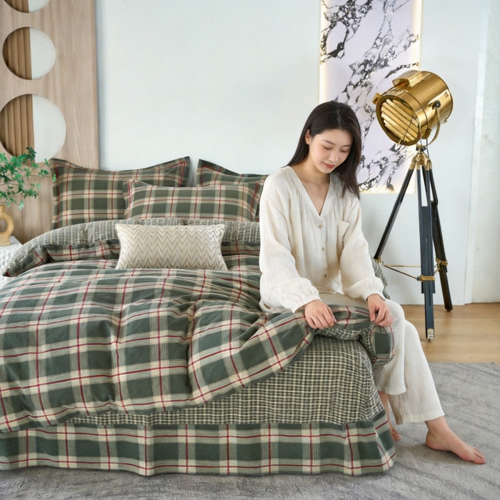 91家纺网 家纺一手货源 找家纺 三沁家居 2025新款格子色织全棉水洗棉四件套直播爆款量大价优 格调雅韵-绿
