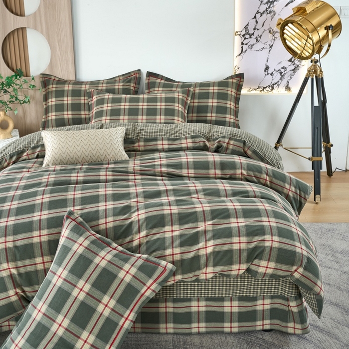 91家纺网 家纺一手货源 找家纺 三沁家居 2025新款格子色织全棉水洗棉四件套直播爆款量大价优 格调雅韵-绿