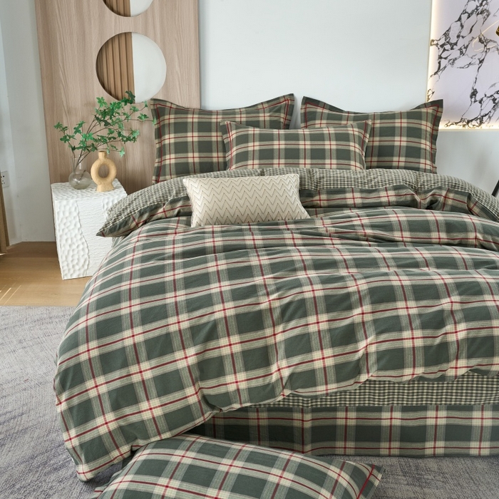 91家纺网 家纺一手货源 找家纺 三沁家居 2025新款格子色织全棉水洗棉四件套直播爆款量大价优 格调雅韵-绿