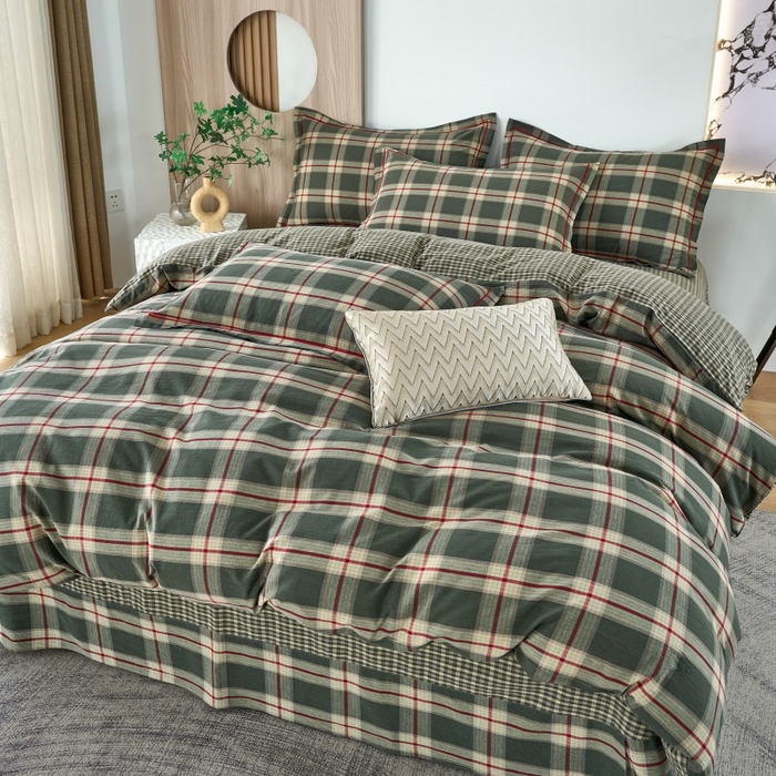 91家纺网 家纺一手货源 找家纺 三沁家居 2025新款格子色织全棉水洗棉四件套直播爆款量大价优 格调雅韵-绿