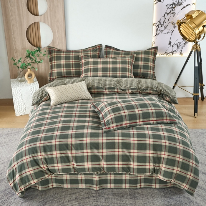 91家纺网 家纺一手货源 找家纺 三沁家居 2025新款格子色织全棉水洗棉四件套直播爆款量大价优 格调雅韵-绿