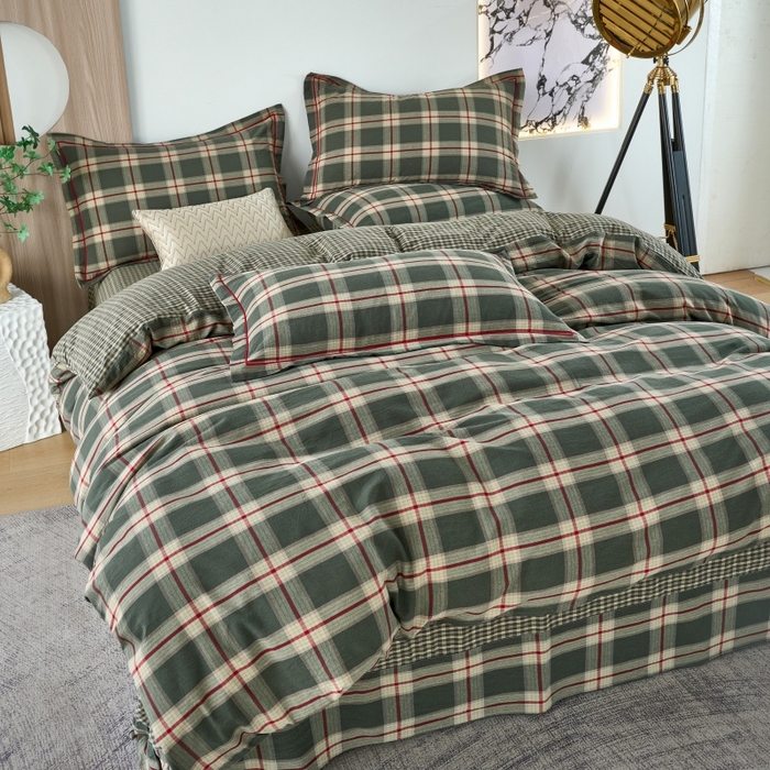 91家纺网 家纺一手货源 找家纺 三沁家居 2025新款格子色织全棉水洗棉四件套直播爆款量大价优 格调雅韵-绿