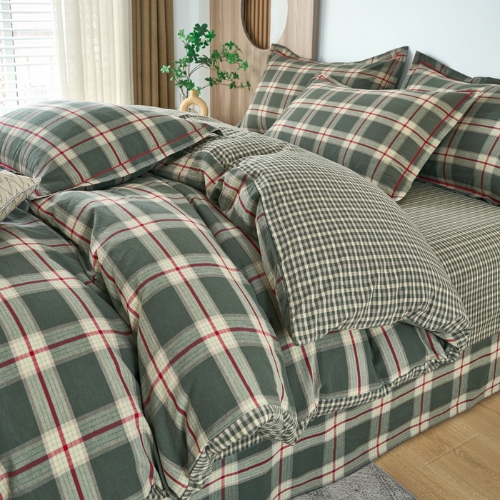 91家纺网 家纺一手货源 找家纺 三沁家居 2025新款格子色织全棉水洗棉四件套直播爆款量大价优 格调雅韵-绿