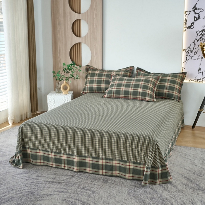 91家纺网 家纺一手货源 找家纺 三沁家居 2025新款格子色织全棉水洗棉四件套直播爆款量大价优 格调雅韵-绿