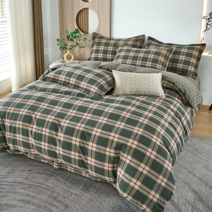 91家纺网 家纺一手货源 找家纺 三沁家居 2025新款格子色织全棉水洗棉四件套直播爆款量大价优 格调雅韵-绿