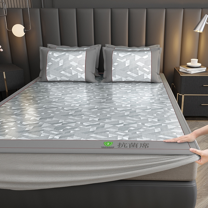 小牛席业 2026新款A加厚款-可机洗抗菌提花冰丝席（床笠款） 抗菌席-魔幻方格-灰色